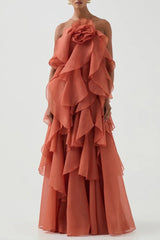 Caysie Halter Floral Ruffle Layered Maxi Dress - Orange