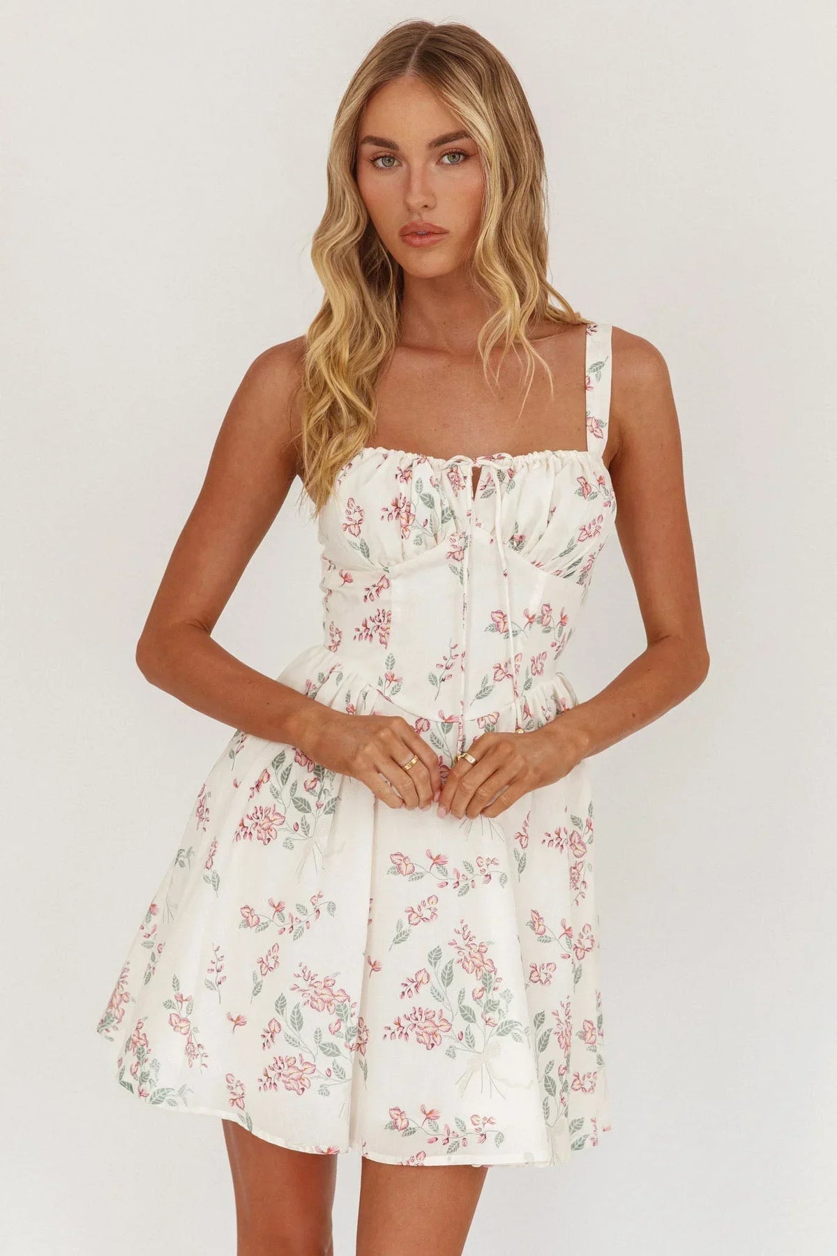 Seen The Light Tie Bust Mini Dress Floral Cream
