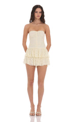 Lace Strapless Ruched Ruffle Dress in Cream