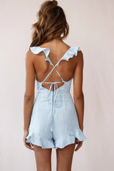 Jojo Thin Stripe Ruffle Strap Romper Blue