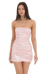 Satin Ruched Back Bow Dress in Pink