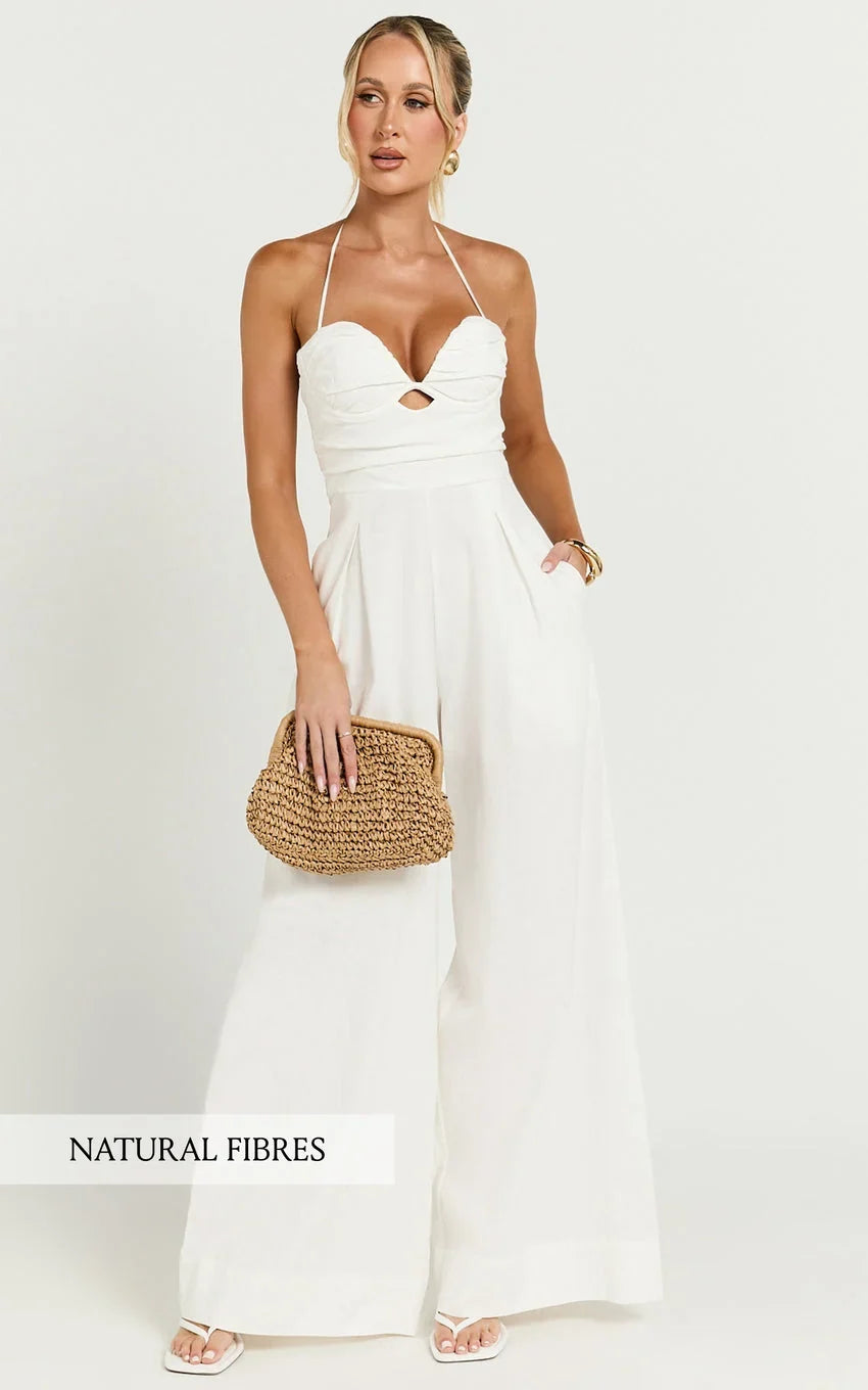 Norah Jumpsuit - Linen Halter Neck Wide Leg Jumpsuit in White