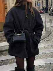 Fashion High Neck With Belt Woolen Overcoats