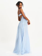 Wallie Baby Blue Rhinestone Embellished Mesh Backless Gown