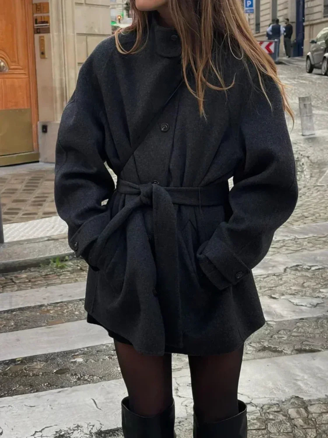 Fashion High Neck With Belt Woolen Overcoats