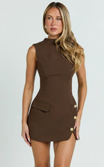 Langley Mini Dress - Sleeveless High Neck Faux Wrap Tulip Dress in Brown