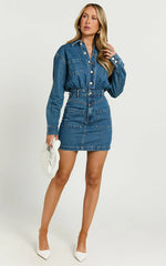 Kamala Mini Dress - Long Sleeve Button Through Denim Dress in Dark Blue Wash