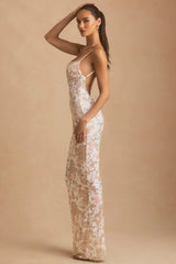 Embellished Scoop-Neck Backless Maxi Dress in Ivory