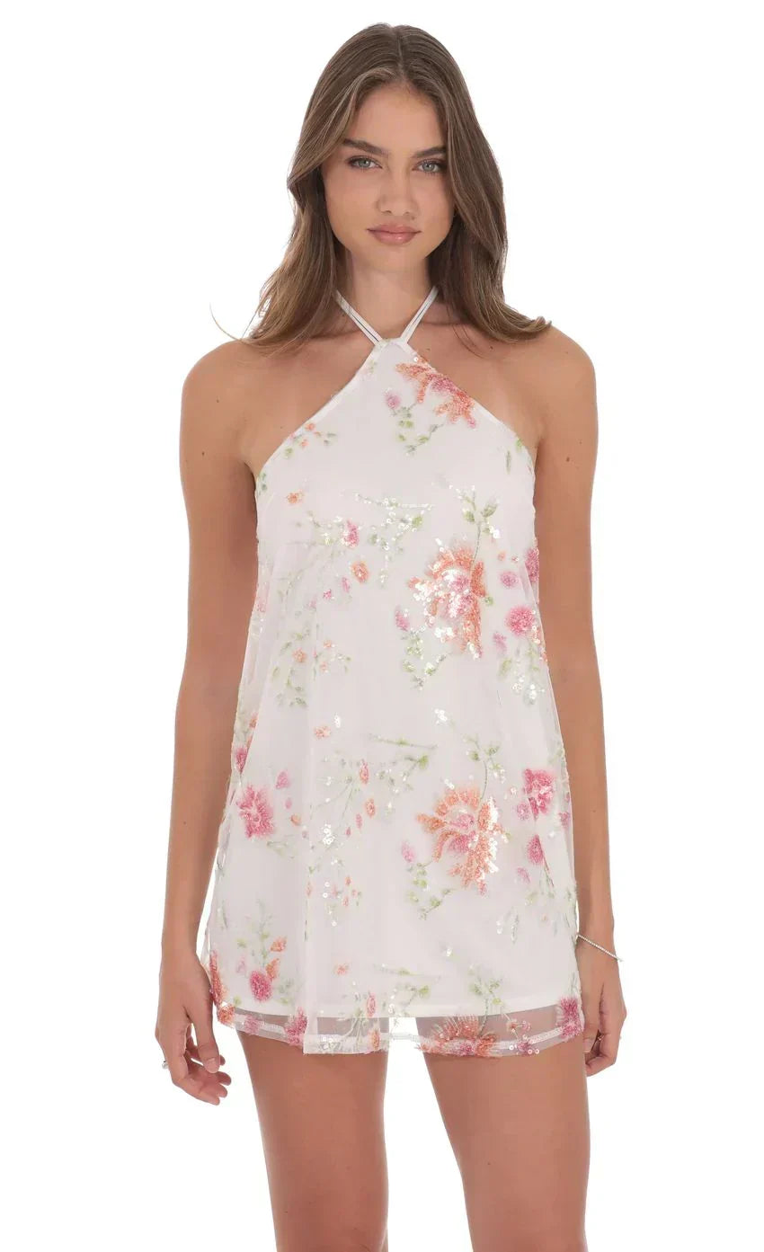 Floral Sequin Halter Shift Dress in White