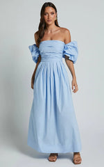Annie Midi Dress - Off The Shoulder Ruffle Sleeve Pleated Dress in Pale Blue